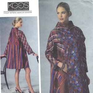 May include: A sewing pattern envelope for a Koos Couture Koos Van Den Akker Vogue Patterns American Designer coat, model V1441, size ZZ. The coat features a high collar, long sleeves, and a mixed-media design with floral and striped fabric panels.