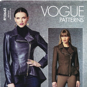 Uncut vogue sewing pattern 10642 1714 Womens Faux Leather Peplum Jacket Asymmetrical Zip Closing Sz 8-16 or 16-24 FF