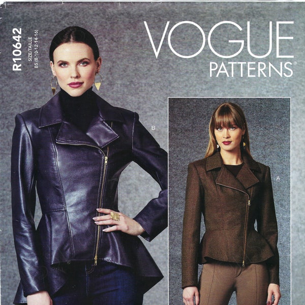 Uncut vogue sewing pattern 10642 1714 Womens Faux Leather Peplum Jacket Asymmetrical Zip Closing Sz 8-16 or 16-24 FF