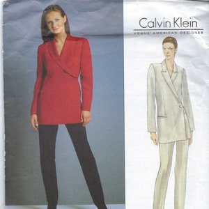 May include: Vogue Patterns sewing pattern featuring a Calvin Klein design. The pattern includes a red blazer and black pants ensemble, and a light-colored suit. The pattern number is 2031, with sizes 12-14-16.