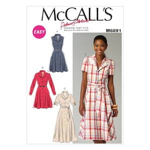 May include: McCall's sewing pattern M6891. The pattern features four dress designs, including a sleeveless denim dress, a red polka-dot dress, a striped dress, and a plaid dress. The word "EASY" is in a pink circle at the top left.