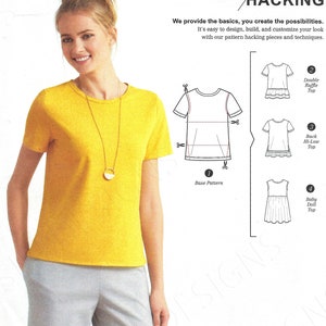 May include: A Simplicity pattern hacking guide with instructions for creating four different tops from a basic t-shirt pattern. The guide includes illustrations of the base pattern and the four variations: a double ruffle top, a back hi-low top, and a baby doll top.