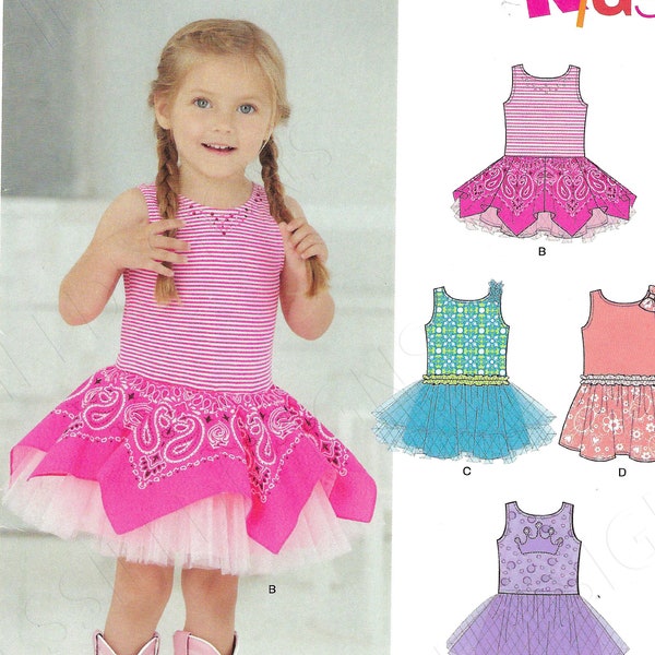 Modèle de couture New Look 955 6255 Enfants Tout-petits Robe Stretch Tricot Corsage Tulle Mouchoir Jupe Taille 6 mo, 1T, 2T, 3T, 4T non coupé