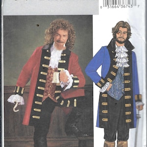 May include: Butterick pattern 3894 for pirate costumes. The image shows two costume variations: one in red and black, the other in blue and black. The pattern includes sizes L and XL. The costumes feature long coats, ruffled shirts, and knee-high boots.