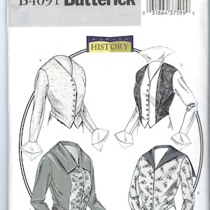 Puede incluir: Patrón de costura Butterick B4091 con cuatro diseños de chaquetas históricas. El patrón incluye chaquetas con cierres de botones, puños decorativos y varios estilos de cuello. El patrón está etiquetado con las tallas 18, 20 y 22.