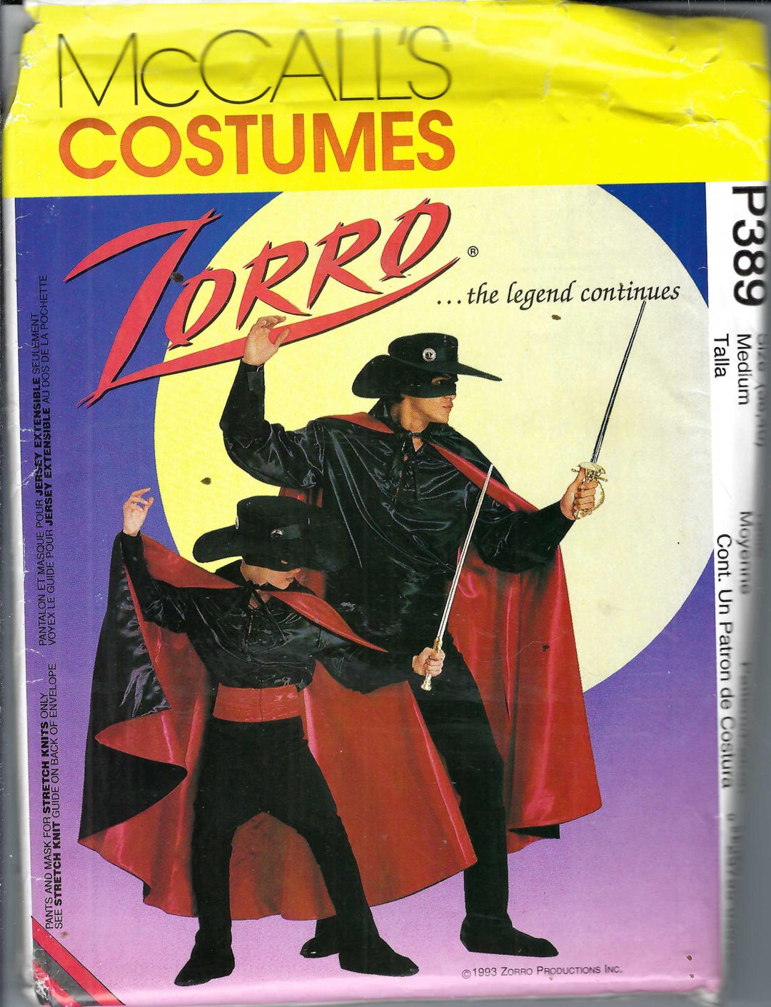 Uncut Mccalls Sewing Pattern 8872 389 Zorro Costume Cape & Mask Size ...