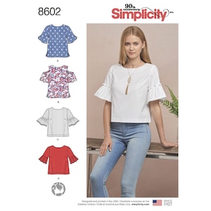 May include: Simplicity sewing pattern 8602 featuring four different blouse designs with flared sleeves. The image shows a woman wearing a white blouse with ruffled sleeves. The pattern includes a blue diamond-patterned top, a floral cold-shoulder top, a striped top, and a red top.