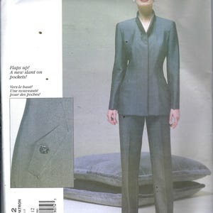 May include: Vogue pattern 2162 by Oscar de la Renta, featuring a two-piece suit with a jacket and trousers. The jacket has a distinctive collar and pocket design. The pattern size is 8-10-12.