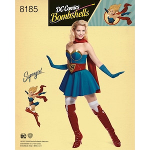 May include: A Supergirl costume from DC Comics Bombshells. The costume features a blue dress, red belt, and red boots. The image includes the text "Supergirl" and "DC Comics Bombshells".
