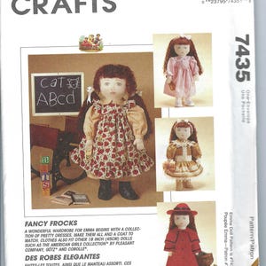 May include: McCall's Crafts pattern for Emma doll clothing. The pattern includes instructions for fancy frocks and a coat. The image shows several doll dresses and a coat. The pattern is for 45cm dolls.