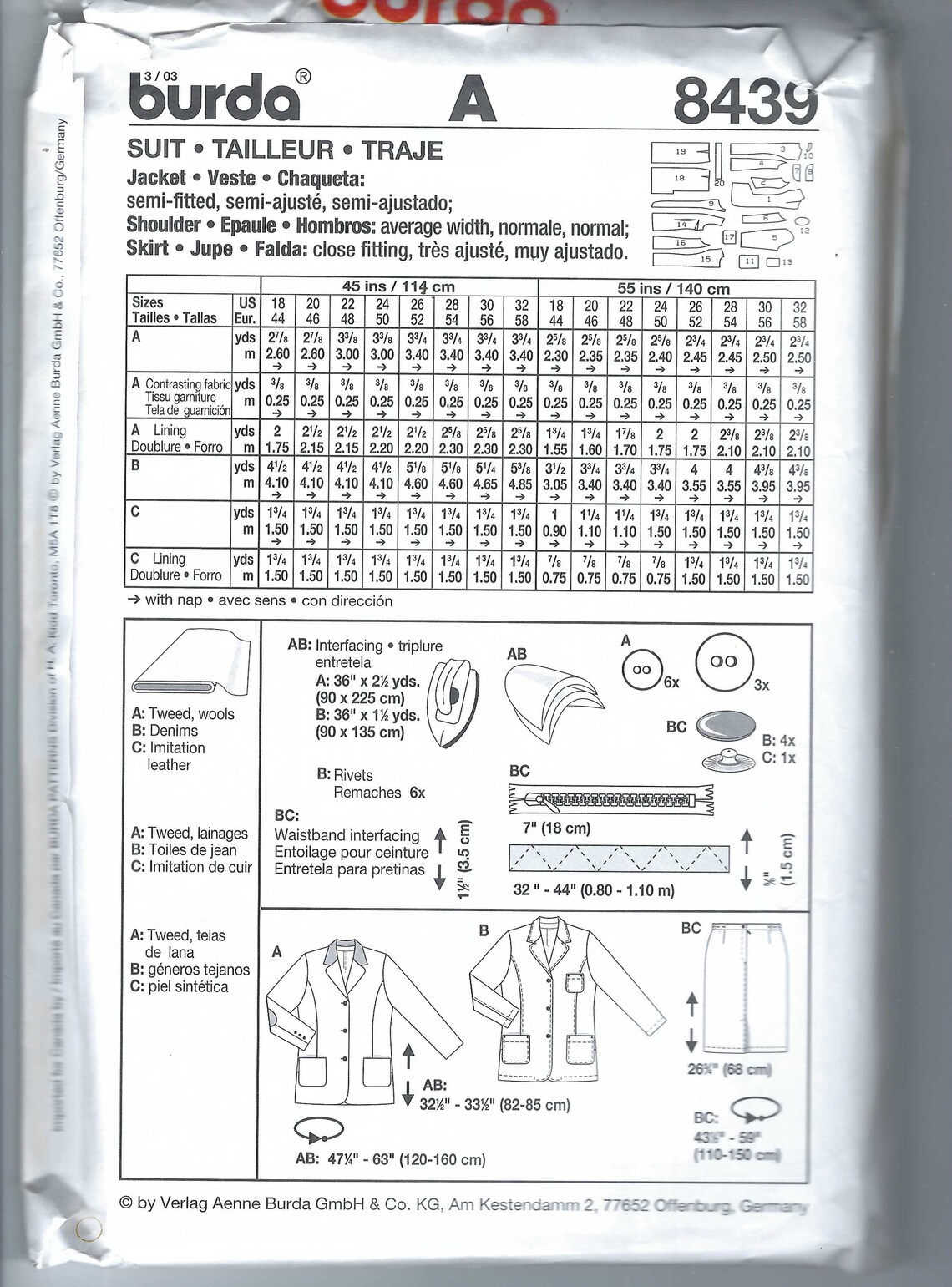 Pattern 8439 Uncut Vintage Burda Sewing Pattern 8439-sewing Pattern - Skirt, Jacket ...