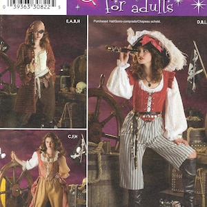 May include: A sewing pattern for adult pirate costumes. The pattern includes three different costume options: a pirate captain, a pirate wench, and a pirate with a red vest and striped pants. The pattern is from Simplicity and includes instructions for making the costumes.