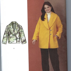 May include: Simplicity sewing pattern number R12143 for a jacket with a shawl collar. The pattern includes two styles: a camouflage jacket and a yellow jacket. The pattern is designed and printed in the USA.