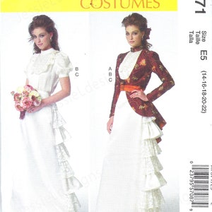 Puede incluir: Patrón de disfraces McCall's M7071. La imagen muestra a dos mujeres con diferentes variaciones de disfraces. Una lleva un vestido blanco con falda con volantes y la otra un vestido blanco con chaqueta floral y cinturón. El patrón es talla E5 (14-16-18-20-22).
