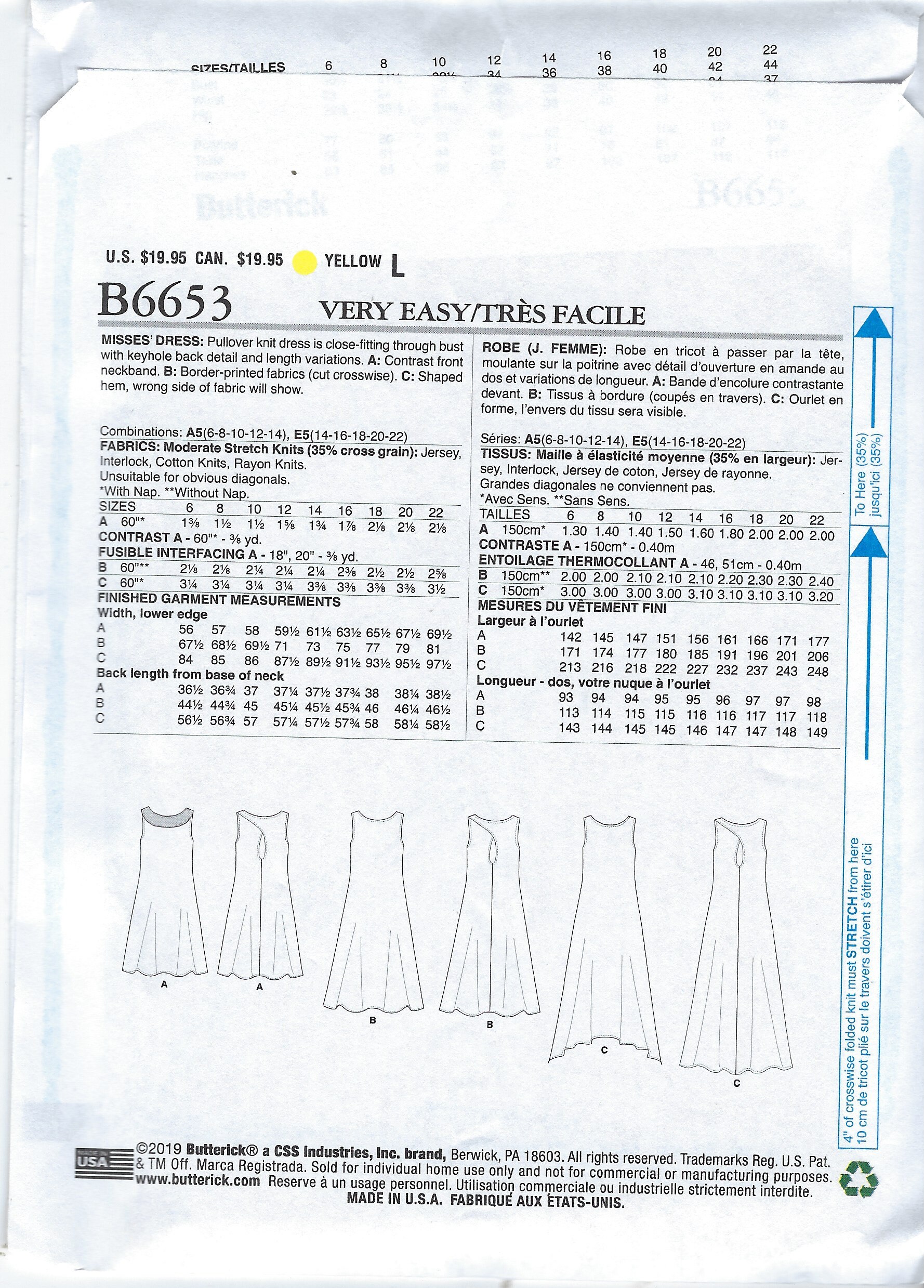 Uncut Butterick Sewing Pattern 6653, Misses’ Pullover Knit Dress, Close ...
