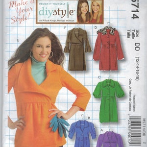 May include: Sewing pattern for a women's coat with different styles. The pattern includes a long-sleeved, orange top with a V-neckline and a wrap-style design. The coat styles include a green coat with puffed sleeves, a blue coat with a button-up front, and a purple coat with a collar.