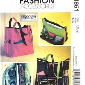 May include: McCall's Fashion Accessories sewing pattern M4851. The image shows tote bags in various colors, including pink, green, and black. The bags have pockets and colorful accents. The pattern includes instructions for sewing the bags.