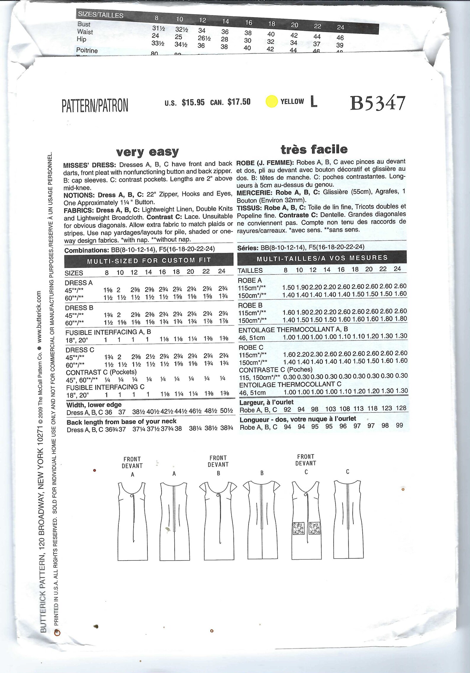Simplicity Pattern 5347 Uncut Butterick Sewing Pattern 5347 Misses' Dresses in Three Styles ...