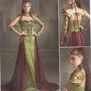 May include: Simplicity pattern 8363 features a fantasy costume with a green and burgundy gown, gold accents, and a corset. The pattern includes sizes 14-22. The image shows a woman wearing the costume, showcasing the design.
