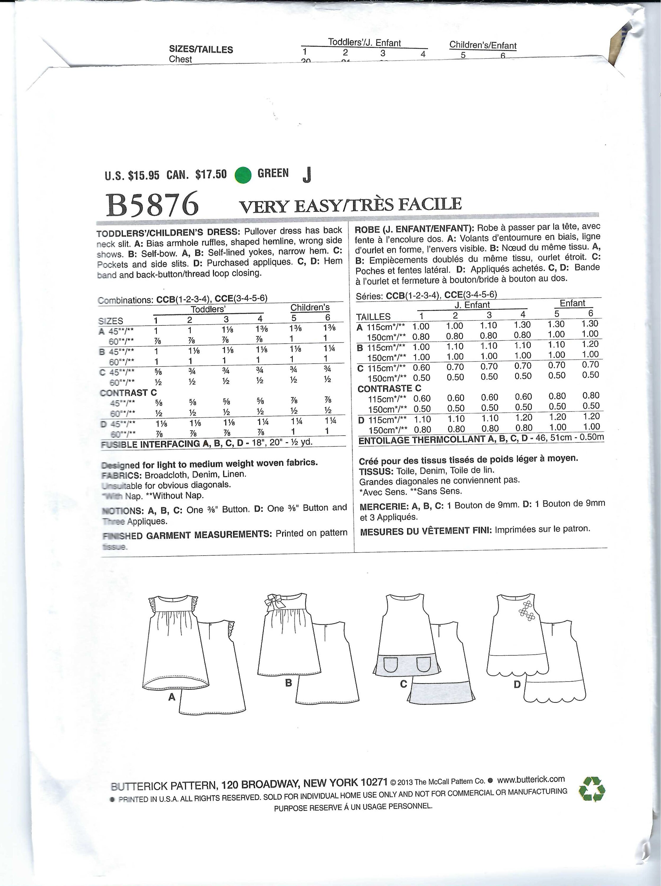 Uncut Butterick Sewing Pattern 5876 Fast Easy Sleeveless or Cap Sleeve ...