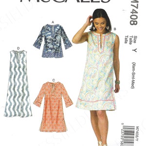 May include: McCall's M7408 sewing pattern featuring four dress designs. The pattern includes a sleeveless paisley print dress, a long-sleeved orange geometric print dress, and two other dress styles. The size is Y (Xsm-Sml-Med).