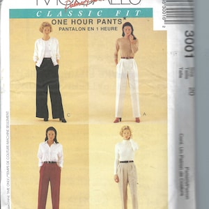 May include: A sewing pattern for trousers with three different styles. The pattern is called "One Hour Pants" and is from McCall's. The pattern shows three women wearing different styles of trousers. The first woman is wearing white trousers, the second woman is wearing red trousers, and the third woman is wearing black trousers.
