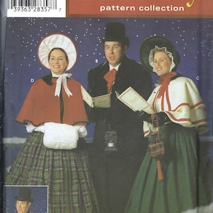 May include: Simplicity Holiday pattern collection 4851 sewing pattern envelope featuring illustrations of Victorian-style carolers in capes, top hats, and plaid skirts. The cover displays sizes XS, S, M, L, XL and includes a small inset image of a vest.