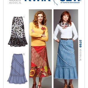 May include: Kwik Sew pattern 3789 for misses' skirts. The pattern includes three skirt designs: a patchwork skirt, a denim skirt, and a black and white patterned skirt. Sizes XS-XL.