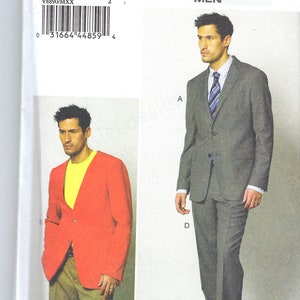 May include: A sewing pattern for a suit, featuring a man wearing a grey suit with a striped tie. The pattern is from Vogue Patterns and is for men's sizes 40-42-44-46. The pattern number is V8890.
