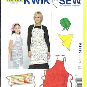 Uncut Kwik Sewing Pattern 3480 Apron with Pockets and Kerchiefs Head Scarf