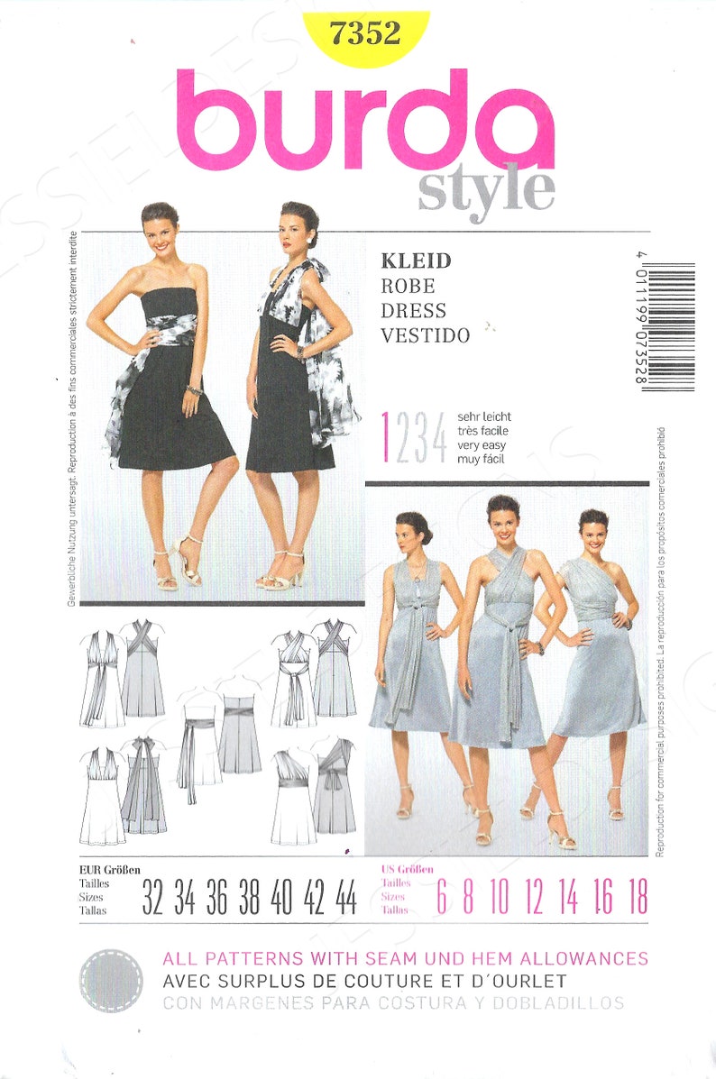 Uncut Burda Style sewing Pattern 7352 Size 6-18 Misses Halter or Strapless Dress FF