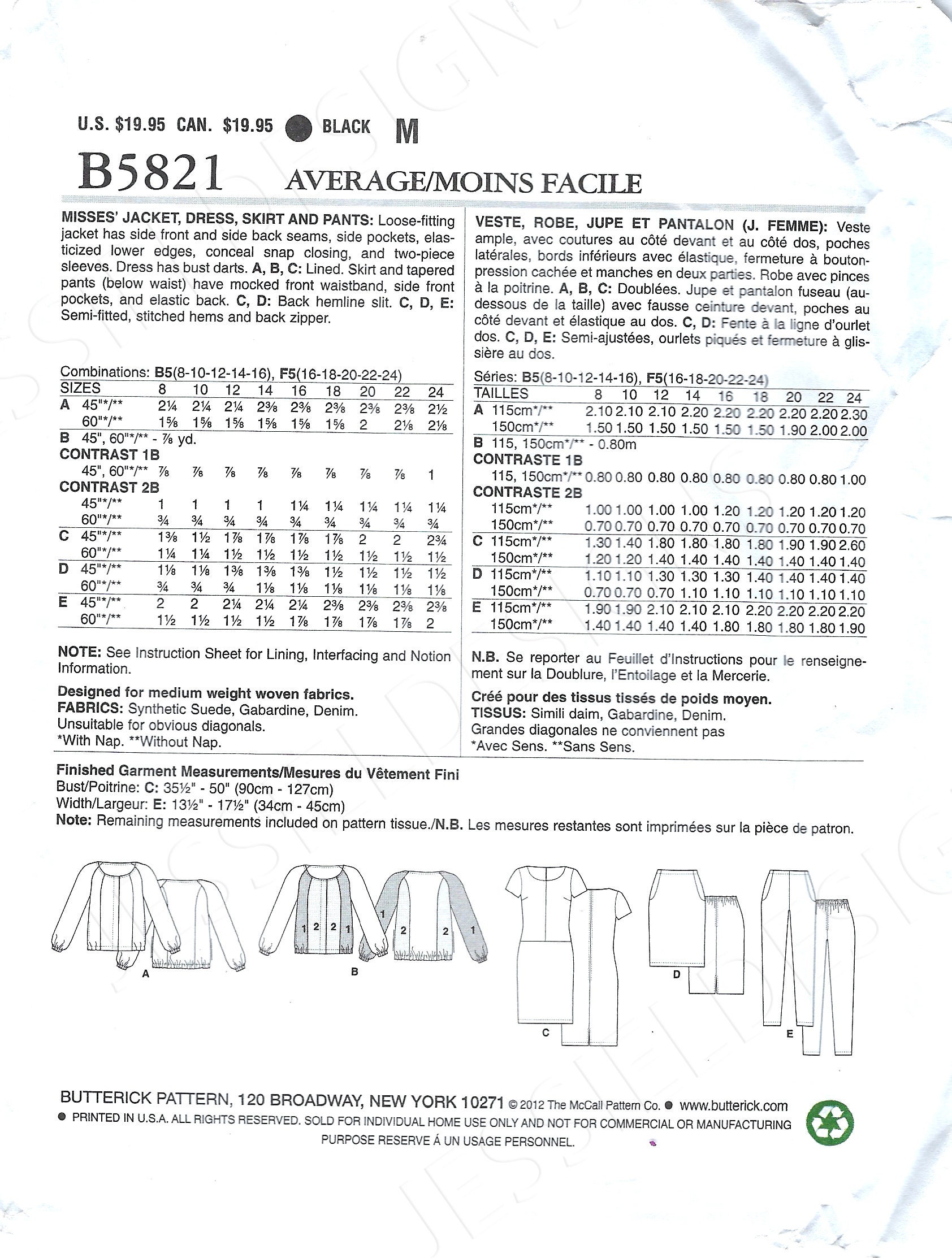 Uncut Butterick Sewing Pattern 5821 Size 8-16 16-24 Misses Jacket ...