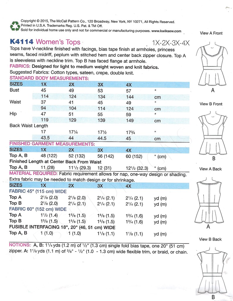 2X Uncut Kwik Sewing Pattern 4114 And 4X Ff Sizes 3X 1X Women s Diamond 