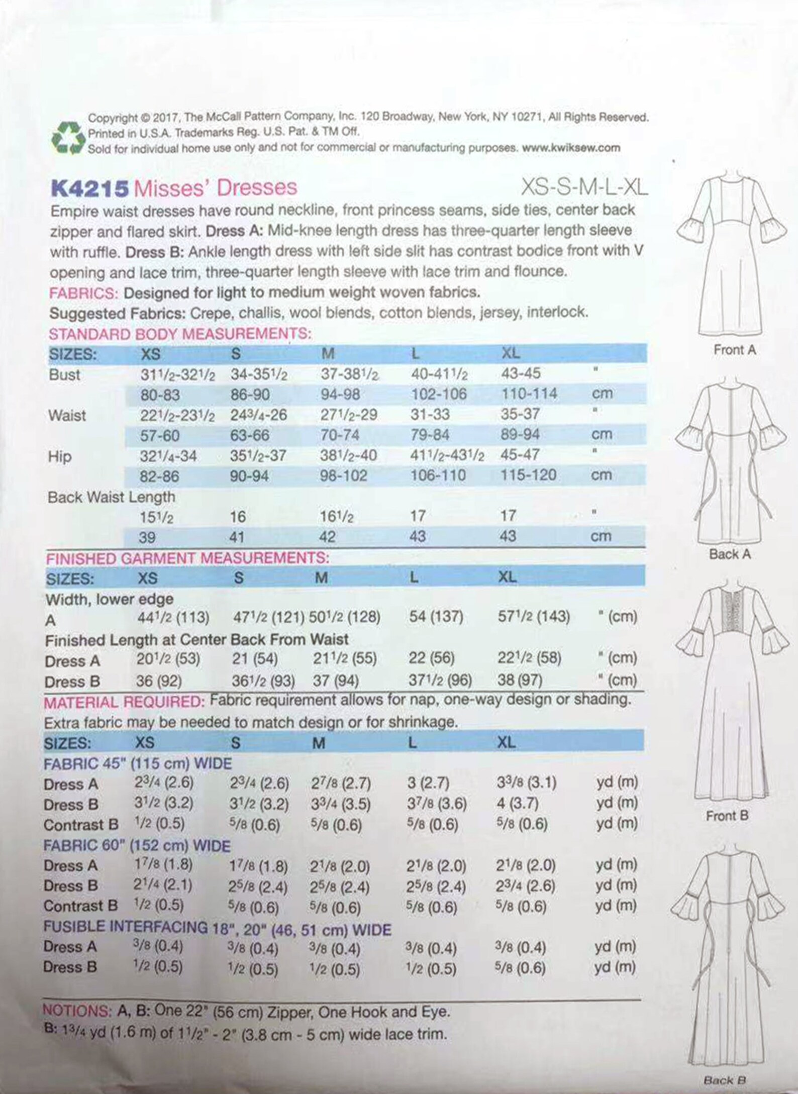 Uncut Kwik Sewing Pattern Sew K4215 Misses' Dresses With - Etsy