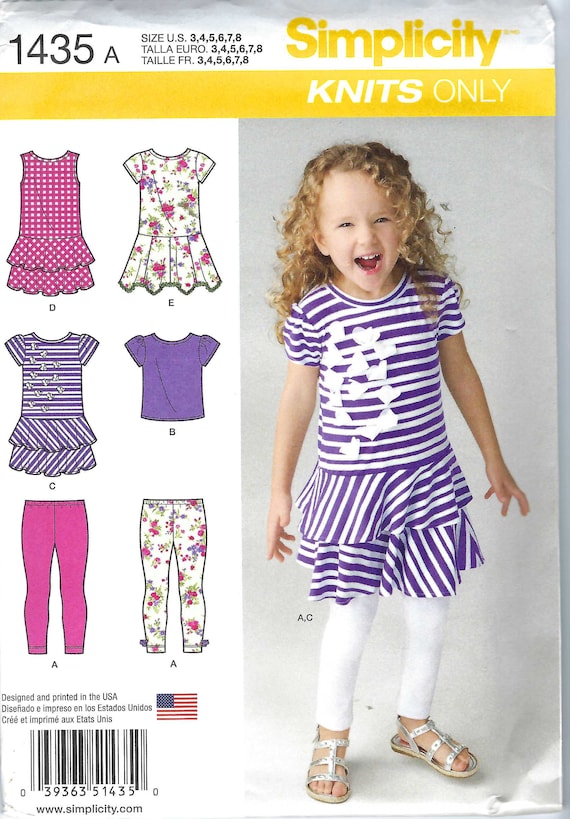 Uncut Simplicity Sewing Pattern Child's Knit Dress, Top, Capri Leggings  Size 3-8 Simplicity 1435 Pullover Top, Dressand Leggings FF 