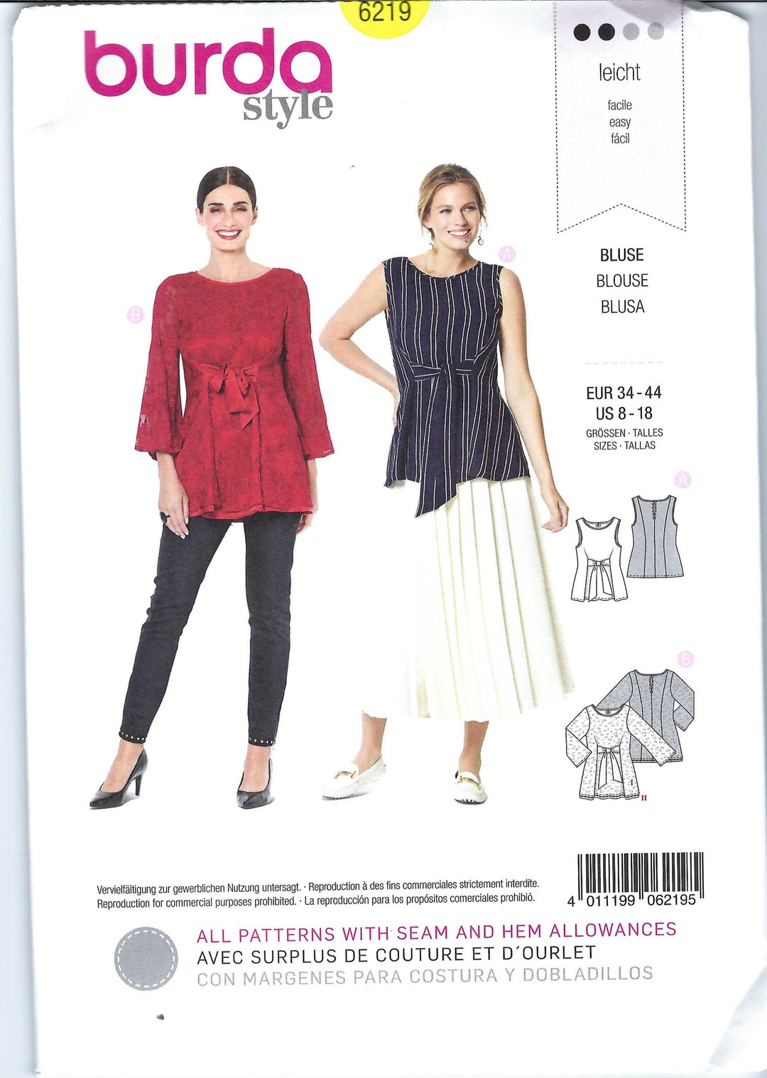 Uncut Burda Style Sewing Pattern Sleeveless Blouse - Tunic - Ribbons ...