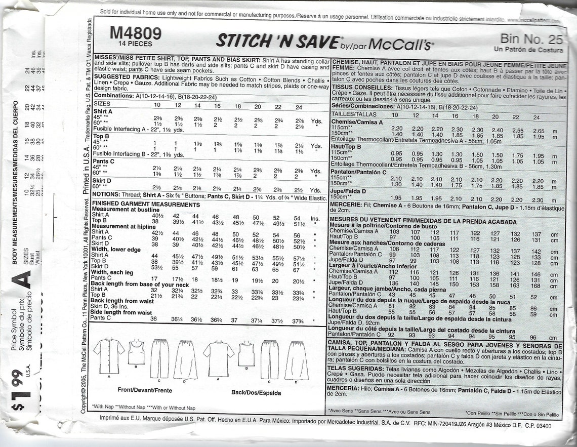 Uncut Mccall's Sewing Pattern 4809 Pattern Womens Shirt, Top, Pants and ...