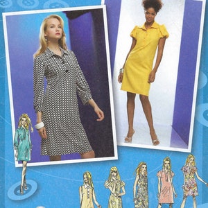 Può includere: Modello di cucito Simplicity numero 2885, ispirato da Project Runway, per un abito con una varietà di stili. Il modello include le taglie D5 4, 6, 8, 10, 12, EUR 30-38, FR 32-40. L'immagine mostra una modella che indossa un abito a chevron bianco e nero, e una modella che indossa un abito giallo. L'immagine mostra anche illustrazioni di diversi stili di abiti.