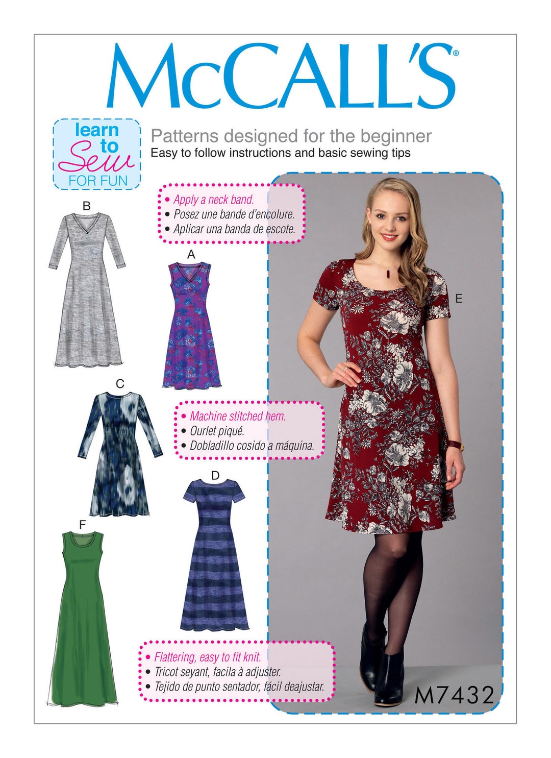 4342 Pattern Uncut Mccalls Sewing Pattern 7432 Knit Dresses V Crew Scoop Necklines ...