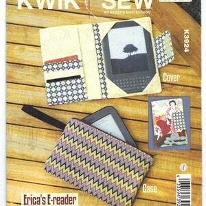 May include: A sewing pattern for an e-reader cover and case. The cover is light yellow with patterned pockets and a black strap. The case has a zigzag pattern in yellow, purple, and black. The text reads "KWIK SEW" and "Erica's E-reader Cover & Case."