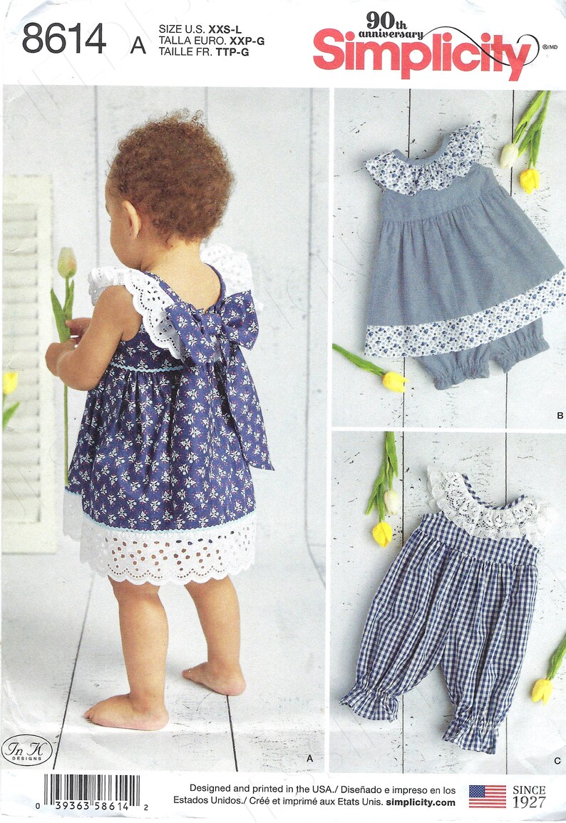 Uncut Simplicity sewing pattern 8614 Babies' Romper, Dress, and Panties XXS XS Sml Med Lrg FF image 1