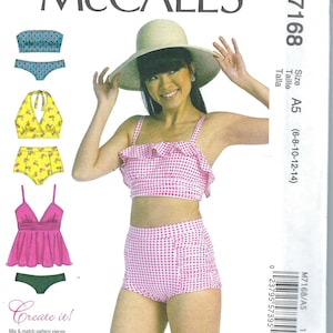 May include: A sewing pattern for a swimsuit with a gingham print. The pattern includes a high-waisted bottom and a ruffled top. The pattern is for sizes 6-8-10-12-14. The pattern is called McCall's M7168.