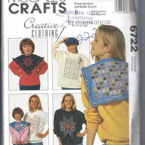 May include: A sewing pattern for creating clothing with a patchwork design. The pattern includes instructions for making a sweater with a heart, star, and checkered pattern. The pattern is called "Creative Clothing" and "Des Vetements Createurs".