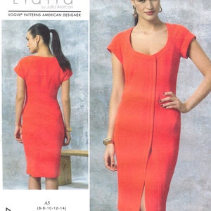 May include: A sewing pattern for a dress with a V-neckline and a front slit. The pattern is for sizes 6-8-10-12-14. The pattern is from Vogue Patterns and is designed by Lialia.