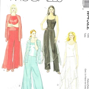 May include: A sewing pattern for four different styles of pants. The pattern includes a red pair of pants, a light blue pair of pants, a black pair of pants with a sheer overlay, and a white pair of pants with a sheer overlay. The pattern is labeled McCall's M4322.
