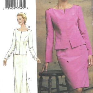 May include: A sewing pattern envelope labeled 7687 for The Vogue Woman, featuring illustrations and photographs of a two-piece suit with a long-sleeved jacket and a skirt. The pattern includes options for a knee-length skirt or a floor-length skirt.
