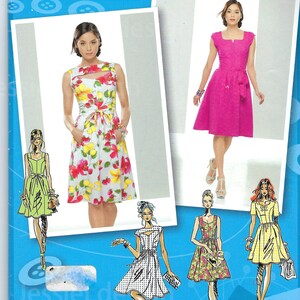 Könnte beinhalten: Simplicity Schnittmuster Nummer 1803, inspiriert von Project Runway, für ein Kleid mit verschiedenen Stilen. Das Schnittmuster enthält fünf verschiedene Kleiddesigns, darunter ein Blumenmuster, ein einfarbiges rosa Kleid, ein gepunktetes Kleid, ein Blumenmusterkleid und ein gelbes Kleid. Das Schnittmuster ist für die Größen US 12-20, Euro 38-46 und Französisch 40-48.