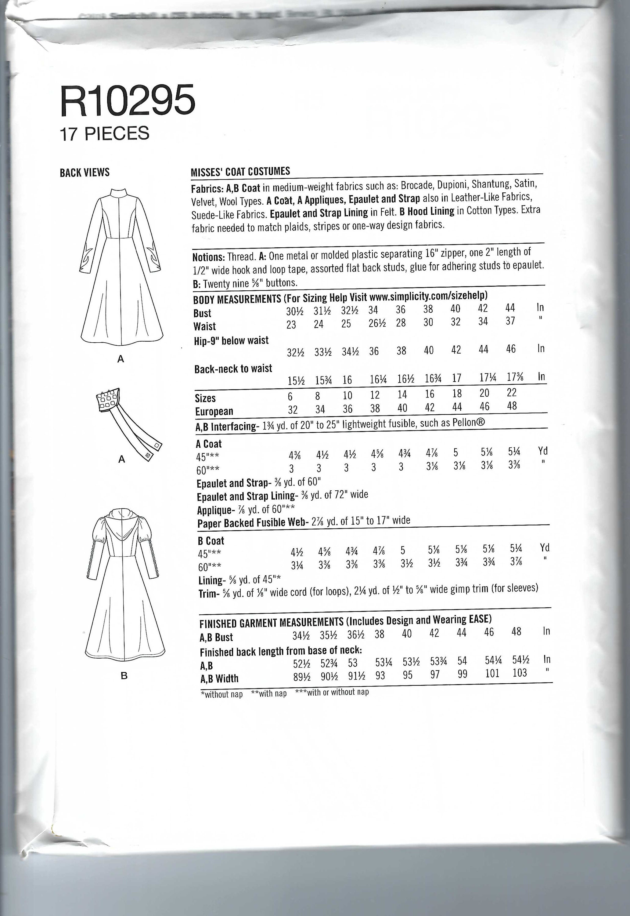 Uncut Simplicity Sewing Pattern 10295 8974 Misses' Cosplay Coat Costume ...