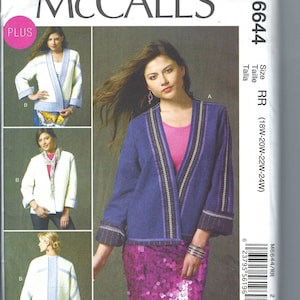May include: A sewing pattern for a jacket with a V-neckline and long sleeves. The pattern is for sizes 18W-20W-22W-24W. The pattern is by McCall's and is designed by Linda Carr.