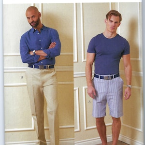 May include: Vogue Patterns sewing pattern for men's clothing, pattern number V1896, size 34-40. The pattern includes instructions for a blue short-sleeved t-shirt and a pair of striped shorts, and a blue long-sleeved shirt and a pair of beige pants.